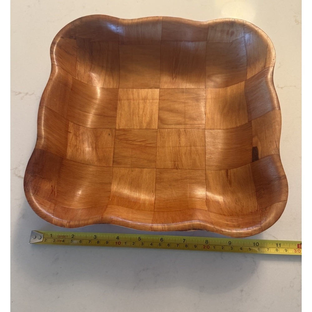 Vintage 11" Square Woven Wood Serving Bowl w/Scalloped Edge Checkerboard Parquet